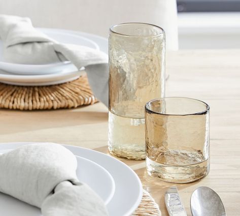 Handmade Hammered Tall Drinking Glasses - 18.6 oz. | Pottery Barn Pottery Barn Dishes, Tall Drinking Glasses, Kitchen Vibes, Glass Wear, Short Glass, Glassware Drinking, Colored Glassware, Organic Lines, House Design Kitchen