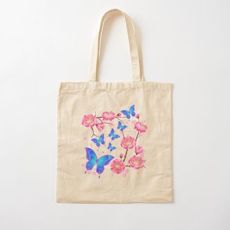 Get my art printed on awesome products. Support me at Redbubble #RBandME: https://www.redbubble.com/i/tote-bag/Floral-Cherry-Blossom-Flower-and-Butterflies-Design-by-HelenaMorpho/56130754.P1QBH?asc=u Ocean Tote Bag, Creative Tote Bag, Diy Tote Bag Design, Painted Canvas Bags, Painted Butterflies, Handpainted Tote Bags, Butterflies Design, Summer Tote Bags, Painted Tote