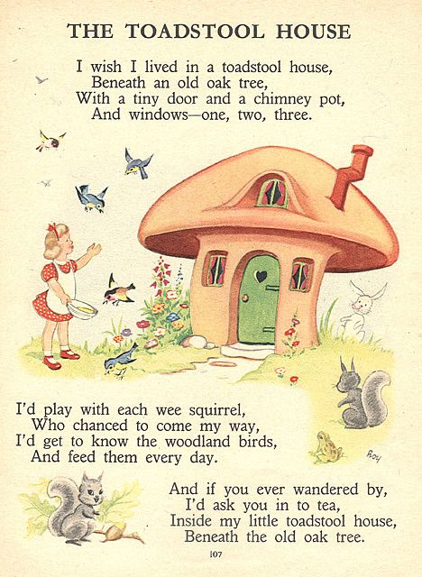 Toadstool House, Nursery Rhymes Poems, Old Nursery Rhymes, Childrens Poems, Childrens Poetry, Poetry For Kids, 동화 삽화, Old Oak Tree, Kids Poems