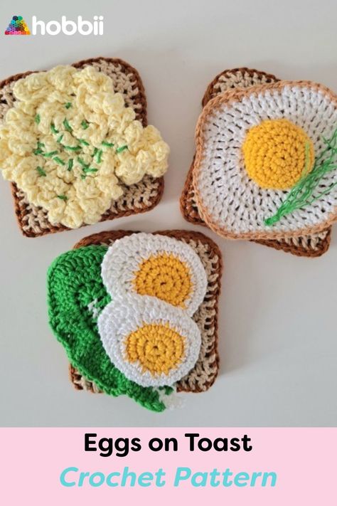 Get started on this DIY project on Eggs on Toast - 3 ways Crochet Pattern. MEASUREMENTS Toast: Approx. 9,5 cm / 3,7” PATTERN INFORMATION Toast with scrambled eggs, sunny side up eggs and egg slices for the play kitchen or pretend play. Please note: This pattern is bought as a downloadable PDF. It’s not sent as a physical product.The pattern for Eggs on Toast - 3 ways can be downloaded for free Crochet Eggs Free Pattern, Crochet Play Food Free Pattern, Crochet Food Free Patterns, Crochet Toast, Crochet Egg Pattern, Egg Crochet Pattern, Eggs Sunny Side Up, Egg Crochet, Sunny Side Up Eggs