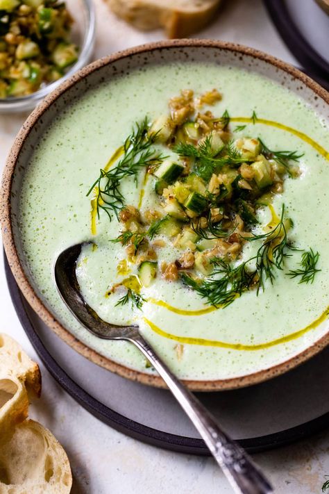 A refreshing and light cold Cucumber Soup made with Greek yogurt and fresh herbs. It’s easy to make, no cooking or heating the kitchen, making it perfect for a hot summer day. #cucumber #yogurt #nocook #soup #coldsoup #summerrecipes #healthyrecipes Cucumber Soup Cold, Cold Cucumber Soup, Cucumber Soup, Vegan Paleo Recipes, Cucumber Yogurt, Chilled Soup, Lunch Appetizers, Skinnytaste Recipes, No Cooking