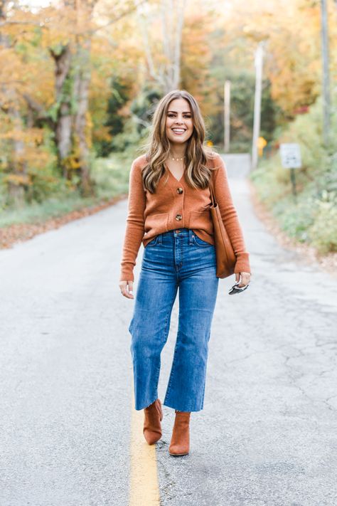 trend I'm loving: cardigan as a top. - dress cori lynn Fall Outfits 2023 Trends Over 40, Cardigan As A Top Outfit, Cardigan As Top Outfit, Brewery Outfit Fall Night, High Rise Cropped Jeans Outfit, Friday Fall Outfit, Cardigan Tucked In Jeans, Womens 2024 Fashion Trends, Ankle Bootcut Jeans Outfit