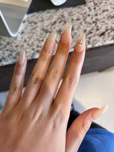 Almond Nails Cross Design, Nails With Little Gems, White Nail Gem Designs, Natural Acrylic Nails With Gems, Gem Cross Nails, Nails Inspiration Cross, Simple Gem Designs On Nails, Diamond Cross Nails, Nude Gem Nails