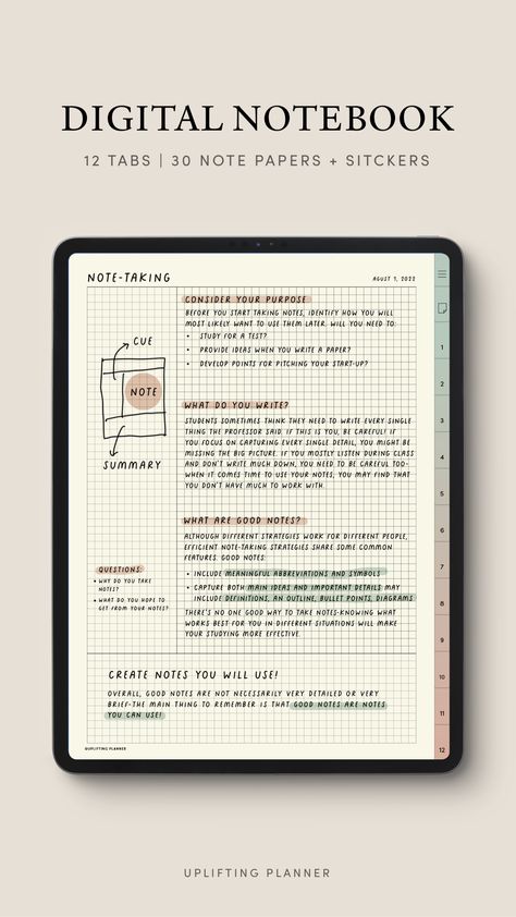 Cornell lecture note 12 Tab Digital Notebook by Uplifting Planner with 30 Note paper templates Good Notes Study Guide, Digital Cornell Notes, Cornell Notes Template Goodnotes, Pdf Note Template, Digital Note Ideas, Goodnotes Note Taking, Noteshelf Templates Free, Good Notes Templates Free Note Taking, Good Notes Inspiration