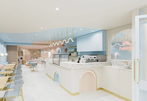 Pastel Cafe Interior Design, Blue Cafe Interior Design, Pastel Interior Design Cafe, Clouds Interior Design, Dog Cafe Interior, Theme Cafe Interior, Pet Cafe Interior, Pastel Cafe Interior, Blue Cafe Interior