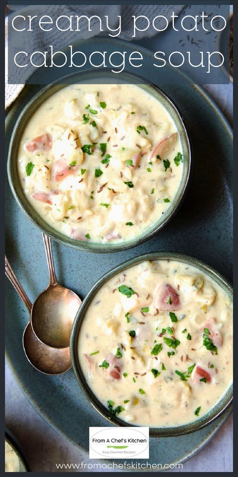 Creamy Cabbage Potato Soup Bacon Cabbage And Potato Soup, Cabbage Potato Soup Recipe, Cabbage Soup Creamy, Soups With Cabbage In Them, Cabbage Carrots Potatoes, Creamy Potato Cabbage Soup, Ham Steak Soup Recipes, Cabbage Roll Soup With Tomato Soup, Best Ever Cabbage Soup