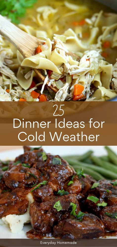 Indulge in 25 cozy dinner ideas for cold weather! These easy and quick recipes are perfect for winter nights, offering comfort foods that warm you up on chilly evenings. From hearty stews to soul-soothing casseroles, discover a variety of comforting dishes to make your winter dinners memorable. Cold Rainy Day Recipes, Cold Rainy Dinner Ideas, Snow Day Comfort Food, Dinner Ideas Cold Weather Comfort Foods, Warm Winter Dinner Ideas, Winter Dinners Comfort Foods, Cold Winter Meals Dinners, Cold Day Recipes Comfort Foods, Easy Cold Night Dinners