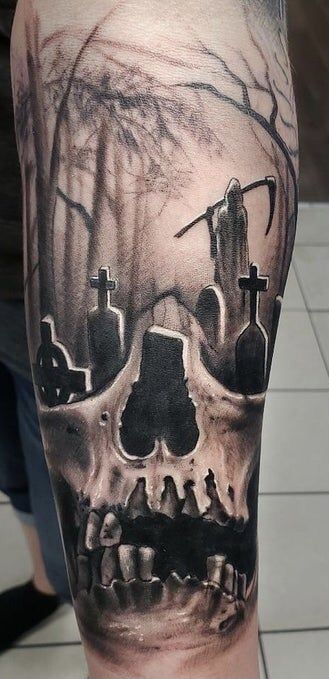 Skull Graveyard Tattoo, Graveyard Scene Tattoo, Cemetary Tattoo Graveyards, Realism Shoulder Tattoo, Grave Yard Tattoos Designs, Grave Yard Tattoos, Dark Sleeve Tattoo Men, Skull Tattoo On Thigh, Mens Skull Tattoo