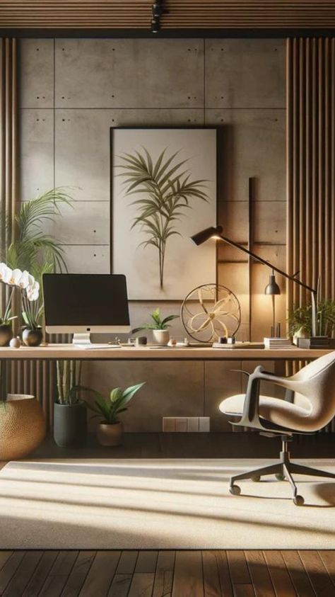 A bali inspired home office Bali Style Home Office, Zen Workspace, Bali Inspired Home, Zen Office Space, Zen Home Office, Calm Workspace, Guest Bedroom And Office, Japanese Style Interior Design, Zen Office