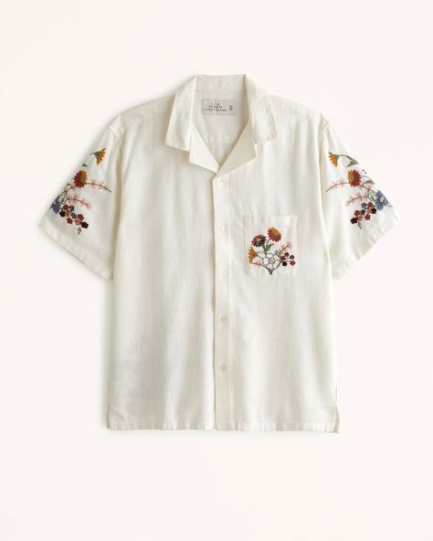 https://www.abercrombie.com/shop/us/p/camp-collar-linen-blend-embroidered-button-up-shirt-52034319?seq=05&cmp=PLA:EVG:20:A:D:USCA:X:GGL:X:SHOP:X:X:X:X:x:A%26F+Adults_Google_Shopping_PLA_US_Tops_All+products_PRODUCT_GROUP&gclid=EAIaIQobChMIyJGv5LylgAMViK3ICh0V9QhCEAQYCCABEgJ4gPD_BwE&gclsrc=aw.ds#stylitics-container Tablecloth Shirt, Embroidery Shirt Men, India Fashion Men, Abercrombie Men, Clothing Store Interior, Trendy Shirt Designs, Popover Shirt, Summer Linen, American Clothing