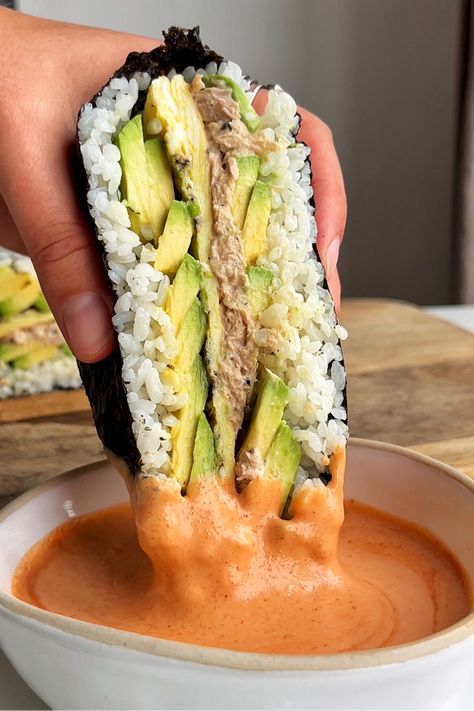 Onigirazu (Japanese Sushi Sandwich) - Myriad Recipes Tuna Sushi Sandwich, Inari Sushi Filling, Japanese Food Presentation, Sushi Bazooka Recipes, Japanese Meal Ideas, Tuna Onigirazu, Sushi Sandwich Recipes, Japanese Strawberry Sandwich, Ikura Recipe