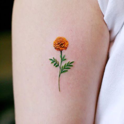 Small Marigold Tattoo, Yellow Flower Tattoo, Yellow Flower Tattoos, Birthday Tattoos, Marigold Tattoo, Beautiful Flower Tattoos, 4 Tattoo, Marigold Flower, Classy Tattoos