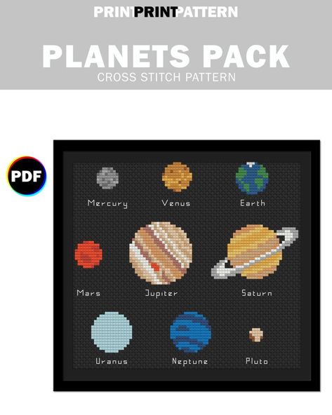 Solar System Cross Stitch, Cross Stitch Planets, Cross Stitch Space, Saturn Pixel Art, Saturn Cross Stitch, Space Cross Stitch, Solar System Crafts, Modele Pixel Art, Space Astronomy