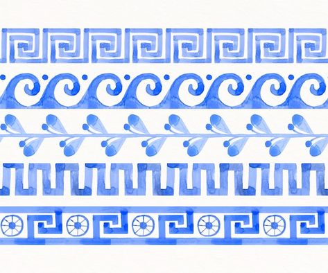 Free vector watercolor greek border | Free Vector #Freepik #freevector #greek-border #greek-frame #frame-set #collection Greek Geometric Pattern, Ancient Greek Patterns, Old Greece Aesthetic, Greek Art Wallpaper, Greek Plants, Watercolor Frame Border, Greece Moodboard, Greece Pattern, Greek Illustration