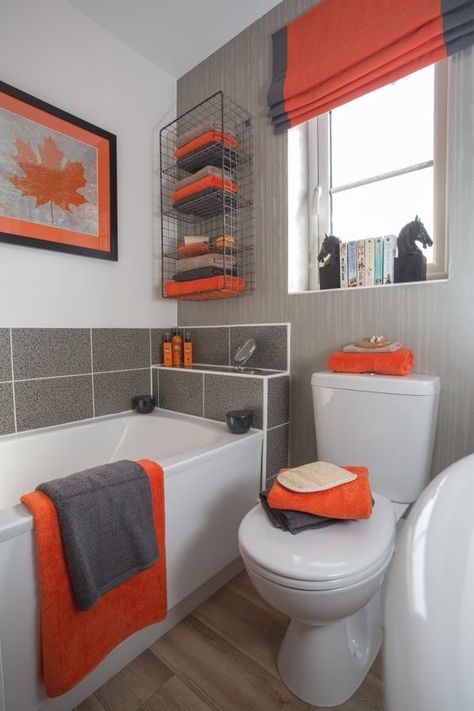 Orange Bathrooms Designs, Orange Bathroom Decor, Girl Apartment Decor, Bathroom Decor Themes, Apartment Decorating Living, Orange Bathroom, Orange Bathrooms, First Apartment Decorating, Restroom Decor