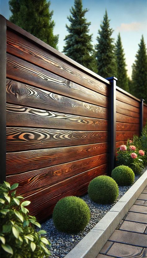 15 Affordable Horizontal Fence Ideas for a Chic Outdoor Space 28 Stain Wood Fence Diy, Front Fence Design Ideas, Slat Fencing Horizontal, Wood Fence Ideas Front Yard, Wood Horizontal Fence, Fancy Fence Ideas, Slat Fence Horizontal, Horizontal Wood Fence Design, Stucco Fence Wall