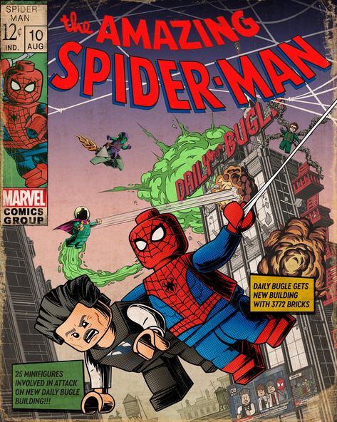 LEGO on Twitter: "Spider-Man saves Daily Bugle editor-in-chief J. Jonah Jameson, despite false accusations from the Bugle.… " Spiderman Comic Covers, Lego Spiderman, Doc Ock, Marvel Comics Covers, Old Comics, Marvel Comic Books, Spiderman Comic, Classic Comics, Retro Comic