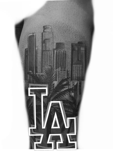 La Skyline Tattoo, Los Angeles Tattoo Ideas, Skyline Tattoo, Los Angeles Tattoo, La Tattoo, Chicano Art Tattoos, Floral Tattoo Design, Tattoo Design Book, Leg Sleeve