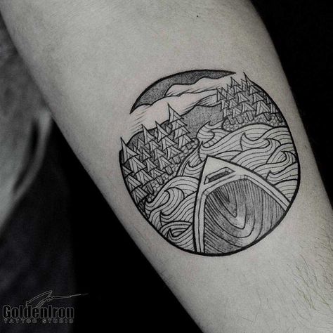 Canoe and landscape tattoo on the left forearm by Jon J Mo Canoe Tattoo Ideas, Canoe Paddle Tattoo, Fishing Tattoos For Women, Canoe Tattoo, Kayak Tattoo, Paddle Tattoo, Cabin Tattoo, Wilderness Tattoo, Camping Tattoo