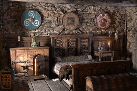 Viking House Interiors, Viking Decor Interior Design, Skyrim House, Taverna Medieval, Fantasy Inn, Medieval Bed, Medieval Bedroom, Medieval Cottage, Medieval Home Decor