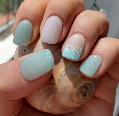 Dip powder sea glass collection by Revel Nails, design from stamping plate by maniology Seaglass Nail Art, Wave Dip Powder Nails, Sea Glass Manicure, Sea Glass Nails Acrylic, September Beach Nails, Beach Glass Nails, Beach Nails Dip Powder, Sea Glass Nail Design, Beachy Dip Nails