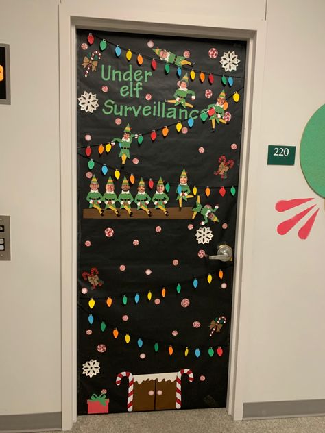 Created this door at the elementry school i work at:) Elf Surveillance Door Decoration, Elf Surveillance Bulletin Board, Elementry School, Elf Surveillance, Elf Door, Christmas Door, Christmas Elf, Door Decorations, Elf