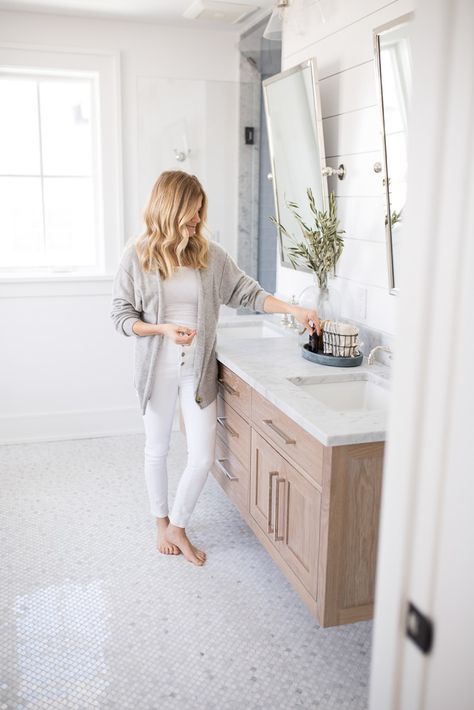 Our Primary Bathroom - Pure Joy Home Mcgee And Co Bathroom, Herringbone Bathroom Floor, Pure Joy Home, Grey And White Bathroom, Blue Subway Tile, Bathroom Big, Neutral Flooring, Subway Tiles Bathroom, Neutral Bathroom