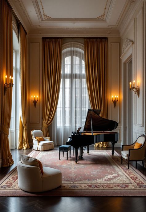 Old Money Living Room Grand Piano Interior Design, Grand Piano Living Room Luxury, Home Piano Room, Old Money Interior Design Living Room, Baby Grand Piano In Living Room, Grand Piano Decorating Ideas, Piano In Home, Piano In House, Musician Living Room