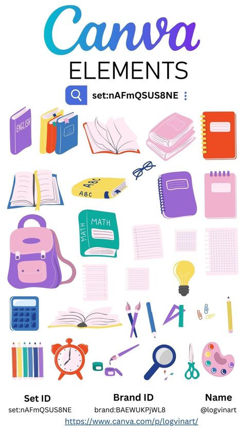 Back to school - canva elements plannerlovers Canva School Elements, Canva Inspiration, Canva Codes, Canva Hacks, Canva Keywords, Library Themes, Facebook Post Design, Keyword Elements Canva, Graphic Shapes Design