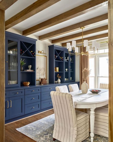 We transformed this office space back into a stunning dining room filled with character, our clients gorgeous style, and tons of storage ✨ Swipe to see the before… 🙌🏻 Design by: @meganpatersoninteriors Photography by: @cottrellphotography Library Wall In Dining Room, Off Center Dining Room, Airy Dining Room, Dining Room To Office Conversion, Dining Room With Sitting Area, Dining Room Library Combo, Repurposed Dining Room, Dining Room To Office, Dining Room With Built Ins