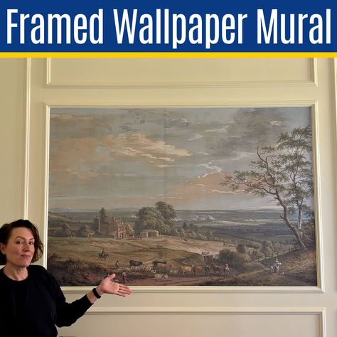 Framed Mural Wall Art, Wallpaper As Artwork, Framed Wall Mural Ideas, Mural Over Fireplace, Box Molding With Wallpaper, Framed Wallpaper Mural Diy, Wall Mural Framed, Framed Mural Wallpaper, Wainscoting Mural