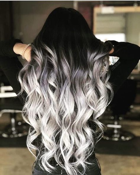 ombre-curly-hair-black-to-platinum-blonde-black-blouse-long-curly-hair Skater Hair, Fall Brunette, Brunette Medium, Cute Hair Colors, Ombre Hair Blonde, Brunette Color, Beautiful Hair Color, Grey Ombre, Pretty Hair Color