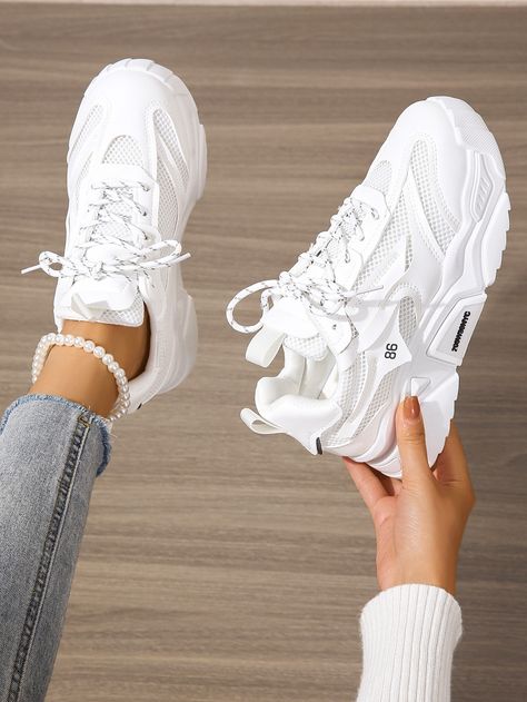 Trendy White Chunky Breathable Sneakers, White Urban Chunky Sneakers For Sports, Urban White Chunky Sneakers For Sports, White Sporty Chunky Sneakers With Thick Bottom, Cheap White Chunky Sneakers For Sports, Pink Lady, White Shoes Sneakers, Dad Shoes, Breathable Shoes