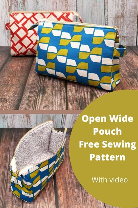 DIY Open Wide Pouch FREE sewing tutorial (with video) - Sew Modern Bags All Zippered Pouches Free Pattern, Toilet Bag Pattern Free, Free Bag Patterns To Sew Easy Zipper Pouch, Sew Cosmetic Bag Pattern, Zippered Bag Pattern Free, Diy Pencil Pouch No Zipper, Easy Cosmetic Bag Pattern, Zipper Pouch Sewing Pattern Free, Cosmetic Bag Pattern Free Zipper Pouch Tutorial