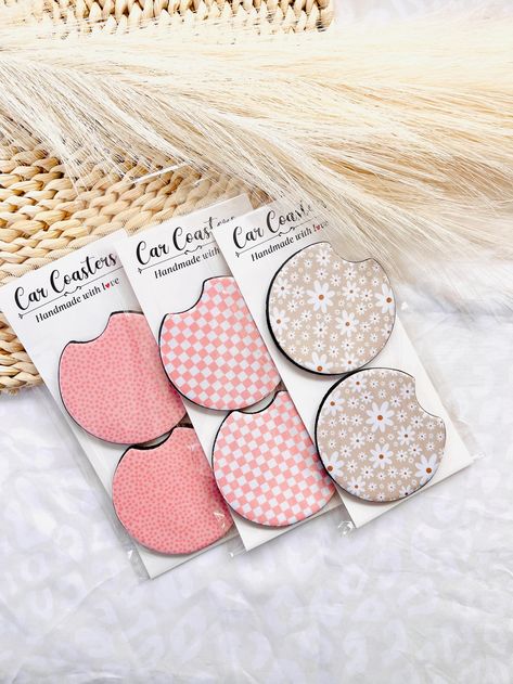 Car Coasters | Set Of 2 Car Floral Coaster | New Car Gift | Cute Car Accessory | Preppy Retro Daisy Smile Checker Car Coasters | MarissaDDesigns New Car Gift, Keychain Craft, Retro Daisy, Packing Car, Car Organizer, Car Gift, Car Goals, Cute Car Accessories, Daughter Mother