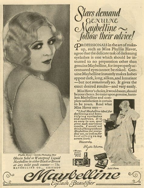 THE MAYBELLINE STORY : Maybelline Targets the Flapper in the 1920's with film star Phyllis Haver. 1920s Advertisements, 1920s Ads, 1920s Bathroom, 1920s Makeup, Vintage Makeup Ads, Makeup Ads, Retro Beauty, Beauty Ad, Vintage Cosmetics