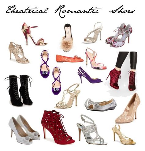 "Theatrical Romantic Shoes" by ithinklikeme on Polyvore featuring Rainbow Club, Gina, Vince Camuto, Via Spiga, Paper Dolls, Klub Nico, ASOS, Oscar de la Renta, Dsquared2 and Dolce&Gabbana Shoes For Romantic Body Type, Shoes For Theatrical Romantic, Theatrical Romantic Accessories, Kibbe Romantic Shoes, Theatrical Romantic Shoes, Theatrical Romantic Style Kibbe, Tr Kibbe, Kibbe Theatrical Romantic, Romantic Shoes