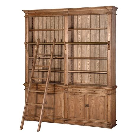 Coach House - YUY007 Bookcase With Ladder, Oak Furniture Living Room, Oak Library, Wide Bookcase, Large Bookcase, Library Bookcase, Buffet Console, Oak Bookcase, French Style Furniture