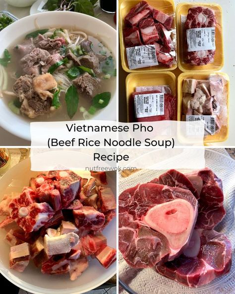 collage of beef pho with various beef ingredients Spicy Beef Pho Recipe, Pho Beef Recipe, Vietnamese Pho Soup Recipe Beef, Homemade Beef Pho, Beef Rice Noodle Soup, Beef Pho Broth Recipe, Beef Pho Recipe Authentic, Beef Pho Recipe Easy, Easy Beef Pho