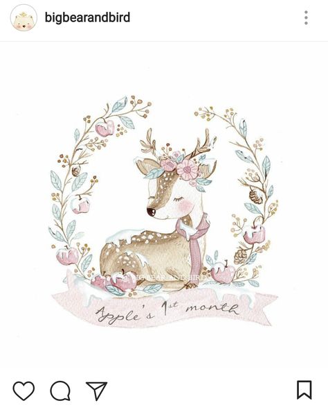 Artista: @bigbearandbird Fairy Clipart Cute, Uskrsnje Ideje, Bambi Party, Apple Clipart, Deer Theme, Baby Apple, Big Bear, Baby Art, Bird Illustration