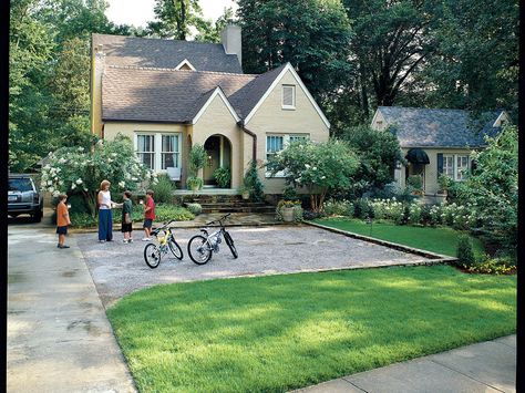 Make an Entrance | Boost the value and appeal of your home with a front yard makeover. Front Yard Parking, White Flowering Trees, Gravel Parking, Evergreen Landscape, Yard Makeover, Living Pool, Driveway Ideas, Driveway Design, Driveway Landscaping