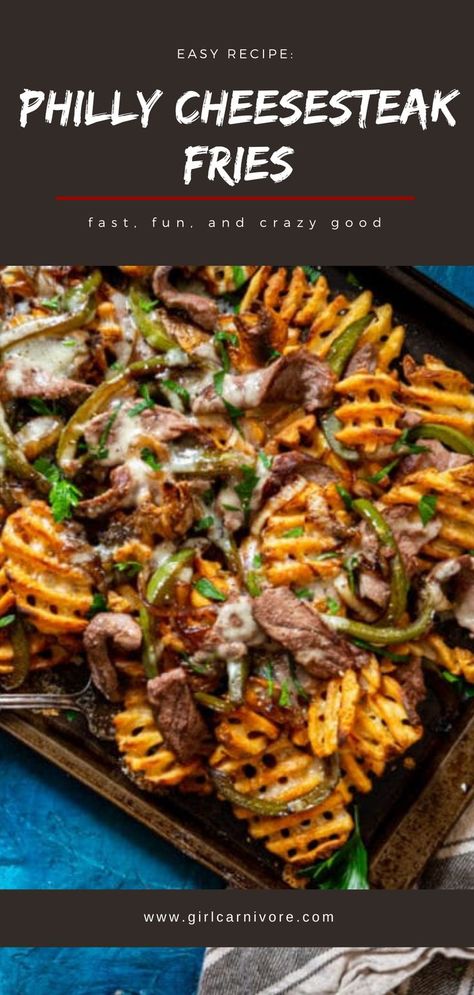 These loaded fries are so easy to make and crazy good! Loaded Philly Cheesesteak Fries with sliced rib eye steak #recipe #appetizer #footballrecipe Cheese Steak Fries, Philly Cheesesteak Fries, Cheesesteak Fries, Loaded Fries Recipe, Meat Ideas, Dirty Fries, Fried Steak Recipes, Cheesesteak Recipe, Carnivore Recipes