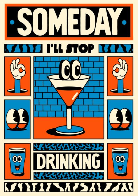 New Year, Same Me: Yeye Weller's latest illustrations poke fun at New Year's resolutions | Creative Boom Yeye Weller, New Year Same Me, Alcohol Poster, Cocktail Poster, Logo Retro, Geometric Vintage, Fun Illustration, Retro Cartoons, Fun Fun