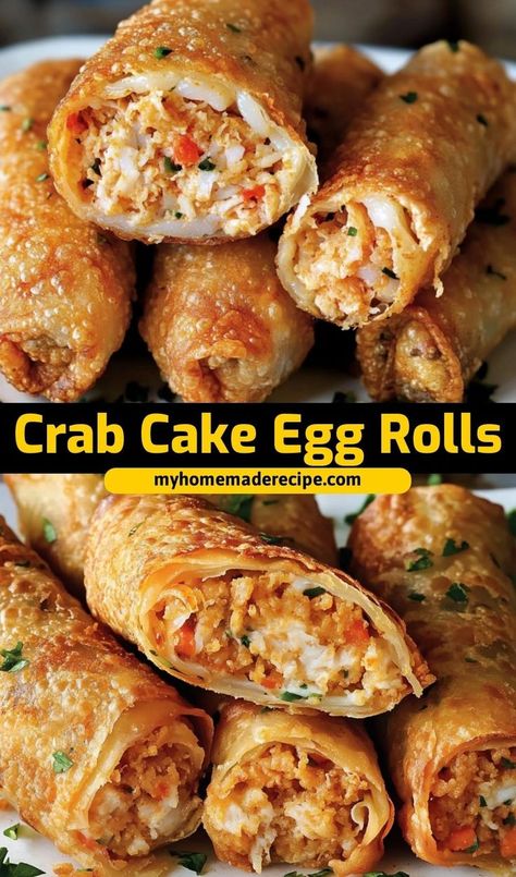 These crab cake egg rolls are the best egg rolls for seafood lovers. Crispy on the outside and filled with savory crab cake, they’re the ultimate egg rolls for appetizers or snacks Crab Egg Rolls Recipes Air Fryer, Savory Egg Rolls, Crab Cake Eggroll Recipe, Crab Cake Eggrolls, Desert Eggroll Recipe, Shrimp And Crab Egg Rolls, Egg Roll Charcuterie Board, Cajun Egg Rolls, Ham And Cheese Egg Rolls