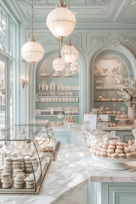 Laduree Interior Design, French Bakery Aesthetic Kitchen, Cake Shop Interior Design Ideas, Parisian Bakery Interior, Pastel Bakery Interior, Parisian Bakery Aesthetic, French Bakery Exterior, French Pastry Aesthetic, Paris Bakery Aesthetic