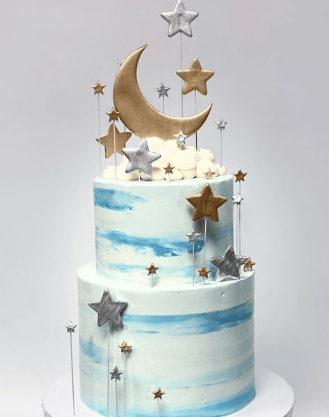 Two Tier Cakes, Dreamy Cake, Moon Stars Baby Shower, Painted Stars, Tier Cakes, Star Cake, Twinkle Twinkle Baby Shower, Star Birthday, Baby Shower Cakes For Boys