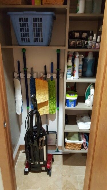 Broom Utility Closet, Janitor Closet Organization, Closet Broom Organizer, Mudroom Broom Closet, Janitor Closet Design, Large Utility Closet Organization, Cleaning Closet Shelving Ideas, Laundry And Cleaning Closet, Broom Cupboard Ideas Utility Closet