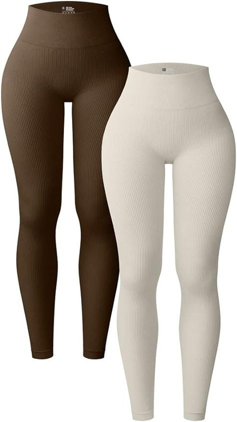 OQQ Women's 2 Piece Yoga Leggings Ribbed Seamless Workout High Waist Athletic Pants, Black Beige, Large : Amazon.ca: Clothing, Shoes & Accessories