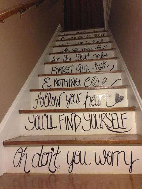 Lyrics on Stairs. Stairs Vinyl, Diy Staircase, Stair Stickers, Rules Quotes, Staircase Decor, Stairs Architecture, Painted Stairs, Diy Stairs, Modern Staircase