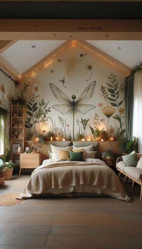 Girls Forest Theme Bedroom, Forest Themed Room Aesthetic, Diy Fairy Garden Room Decor, Fairy Inspired House Interior, Meadow Themed Bedroom, Fairy Style Bedroom, Wildflower Interior Design, Green Fairy Room Aesthetic, Enchanted Forest Furniture